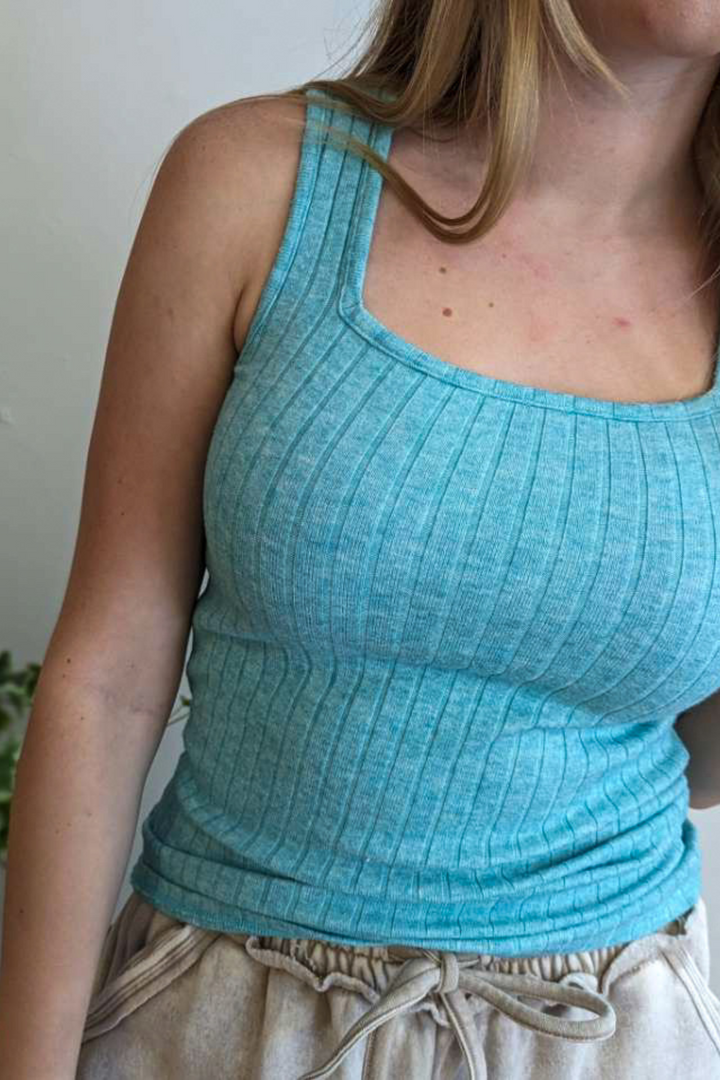 Heather Ribbed Sleeveless Top - Turquoise